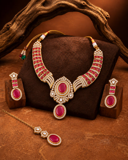 Pink Saumili Premium Sabya Inspired Necklace Set with Earring & Teeka