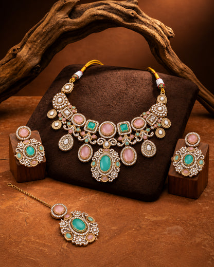 Pastel Myraya Premium Sabya Inspired Necklace Set with Earring & Teeka