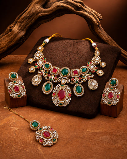 Ruby Green Myraya Premium Sabya Inspired Necklace Set with Earring & Teeka