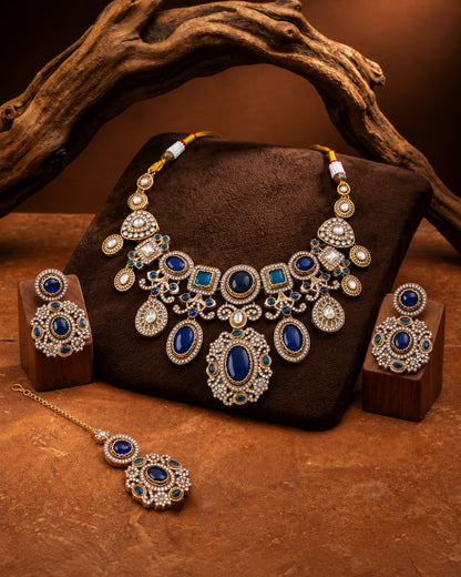 Blue Myraya Premium Sabya Inspired Necklace Set with Earring & Teeka