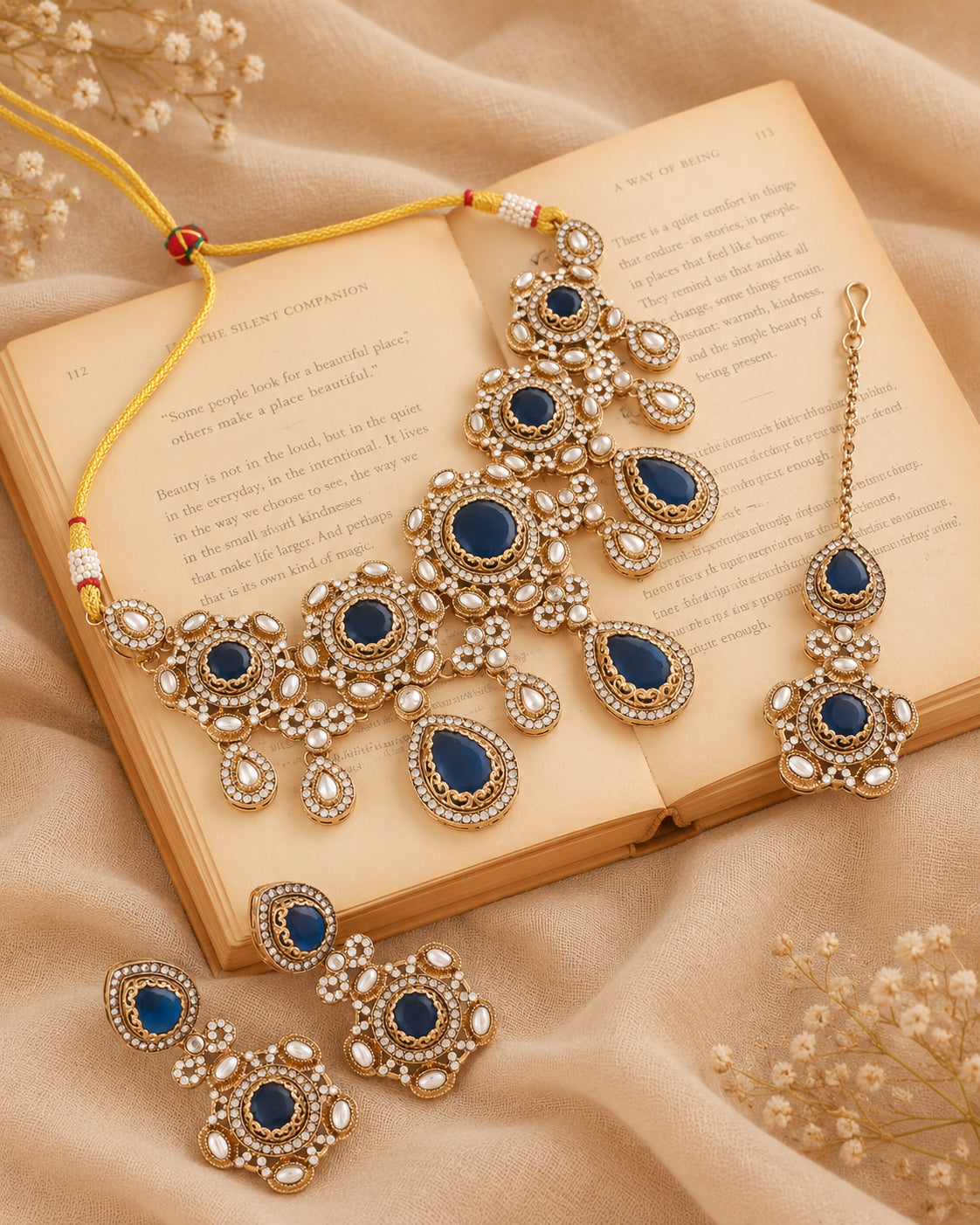 Blue Aarzohi Premium Sabya Inspired Necklace Set with Earring & Teeka
