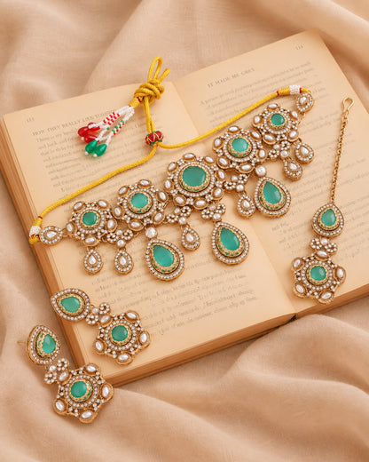 Mint Aarzohi Premium Sabya Inspired Necklace Set with Earring & Teeka
