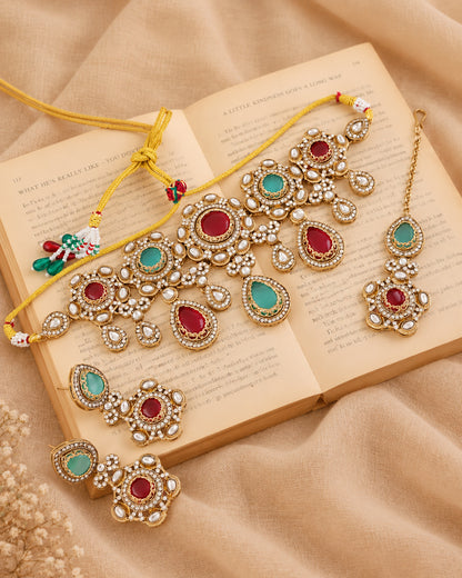 Mint Onion Aarzohi Premium Sabya Inspired Necklace Set with Earring & Teeka