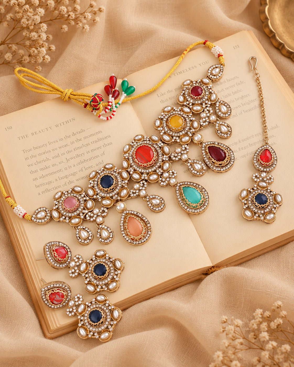 Multi Aarzohi Premium Sabya Inspired Necklace Set with Earring & Teeka