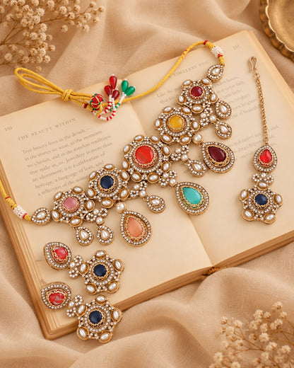 Multi Aarzohi Premium Sabya Inspired Necklace Set with Earring & Teeka