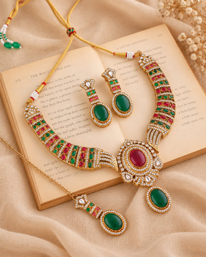 Green Pink Saumili Premium Sabya Inspired Necklace Set with Earring & Teeka