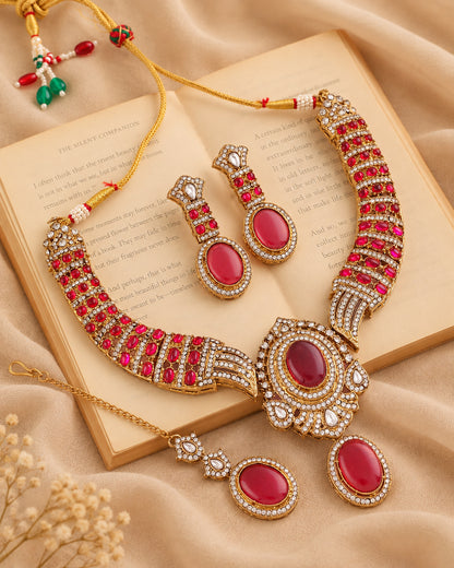 Pink Saumili Premium Sabya Inspired Necklace Set with Earring & Teeka