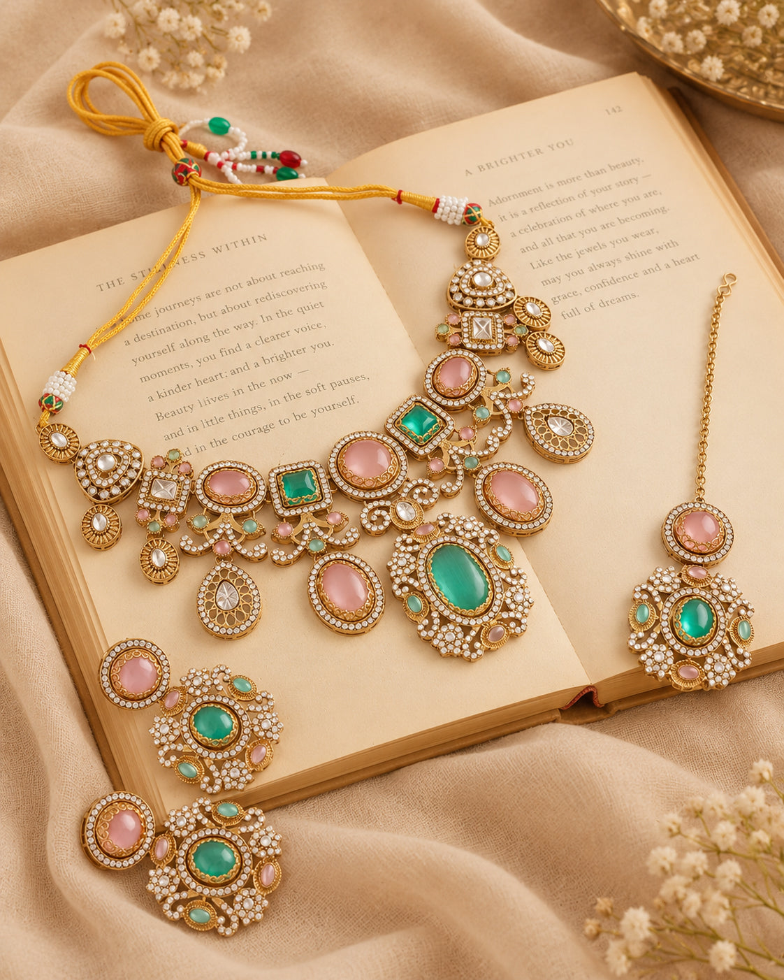 Pastel Myraya Premium Sabya Inspired Necklace Set with Earring & Teeka