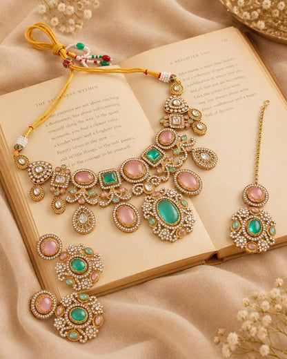 Pastel Myraya Premium Sabya Inspired Necklace Set with Earring & Teeka