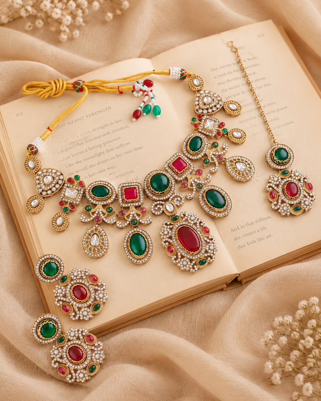 Ruby Green Myraya Premium Sabya Inspired Necklace Set with Earring & Teeka