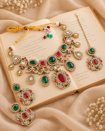 Ruby Green Myraya Premium Sabya Inspired Necklace Set with Earring & Teeka