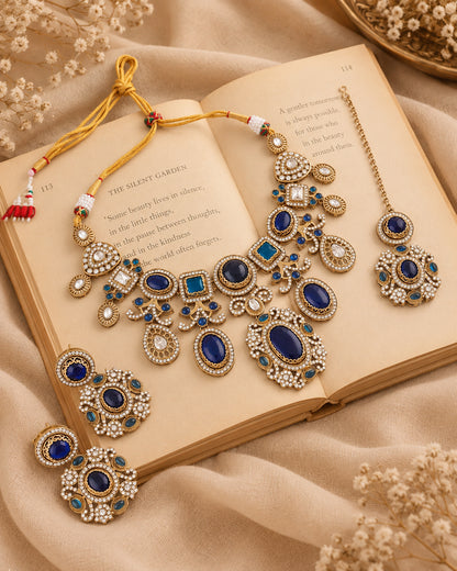Blue Myraya Premium Sabya Inspired Necklace Set with Earring & Teeka