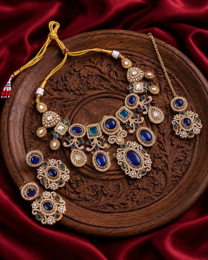 Blue Myraya Premium Sabya Inspired Necklace Set with Earring & Teeka