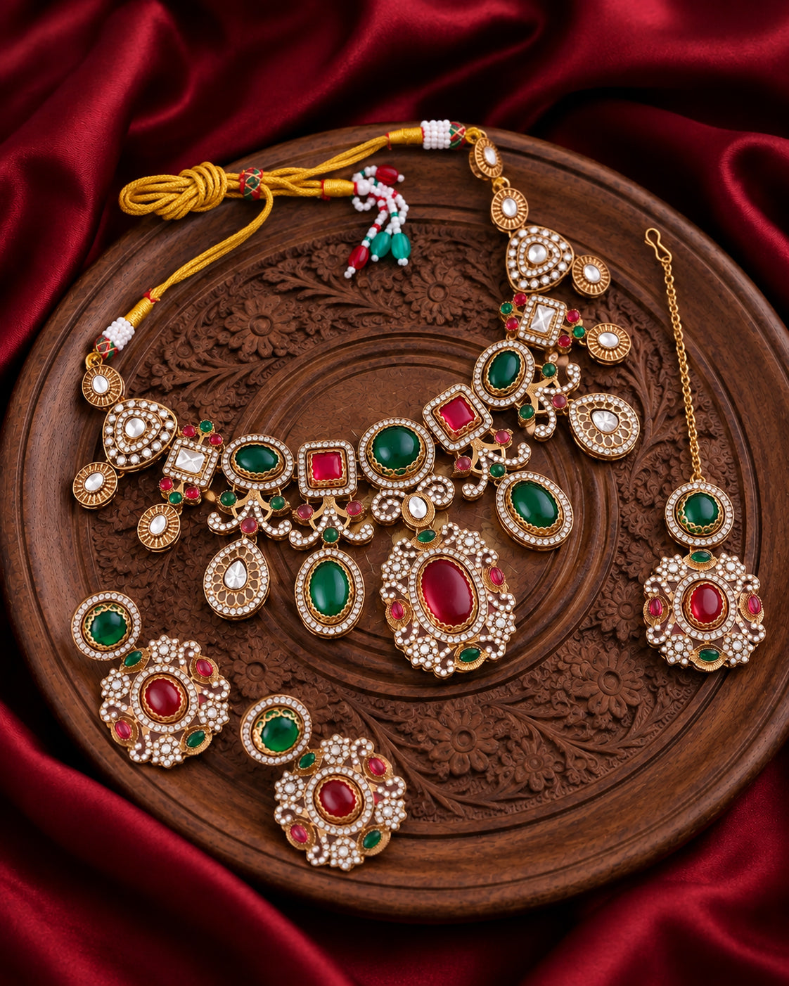 Ruby Green Myraya Premium Sabya Inspired Necklace Set with Earring & Teeka