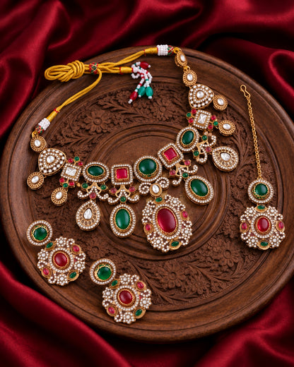 Ruby Green Myraya Premium Sabya Inspired Necklace Set with Earring & Teeka