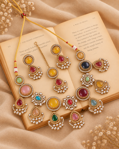 Multi Kuhu Premium Sabya Inspired Necklace Set with Earring & Teeka
