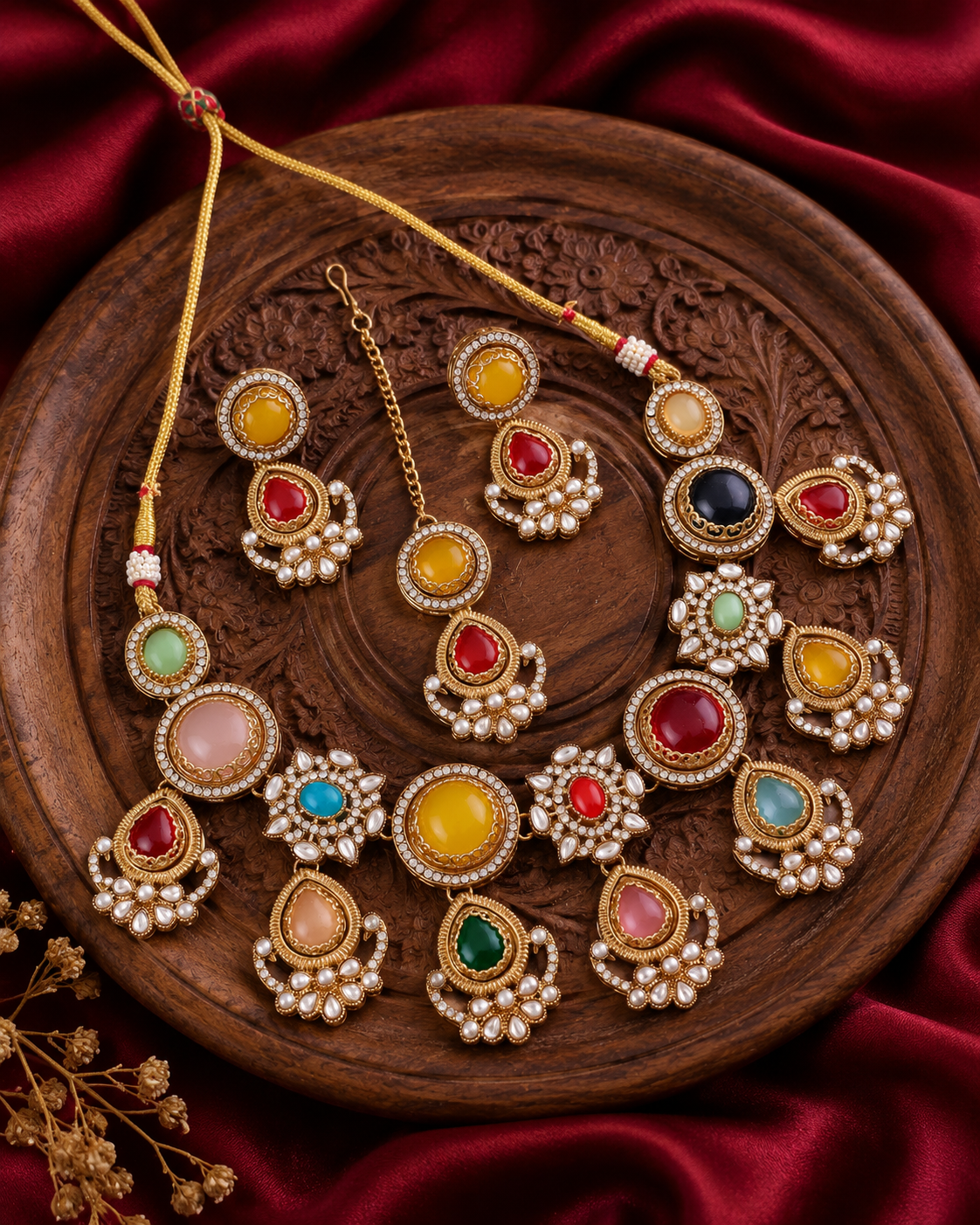 Multi Kuhu Premium Sabya Inspired Necklace Set with Earring & Teeka