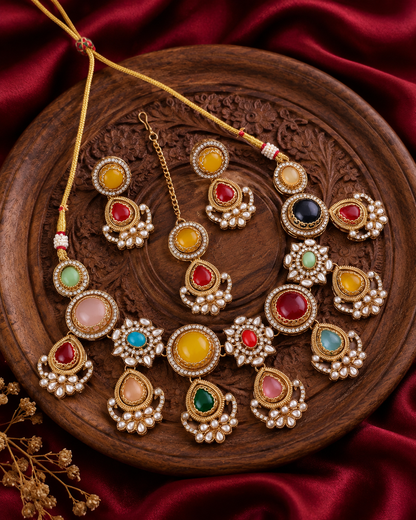 Multi Kuhu Premium Sabya Inspired Necklace Set with Earring & Teeka