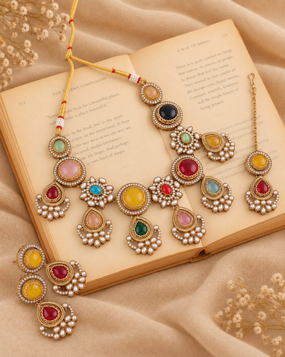 Multi Kuhu Premium Sabya Inspired Necklace Set with Earring & Teeka