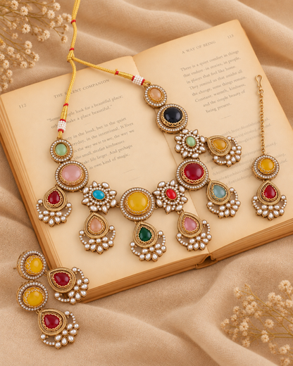 Multi Kuhu Premium Sabya Inspired Necklace Set with Earring & Teeka