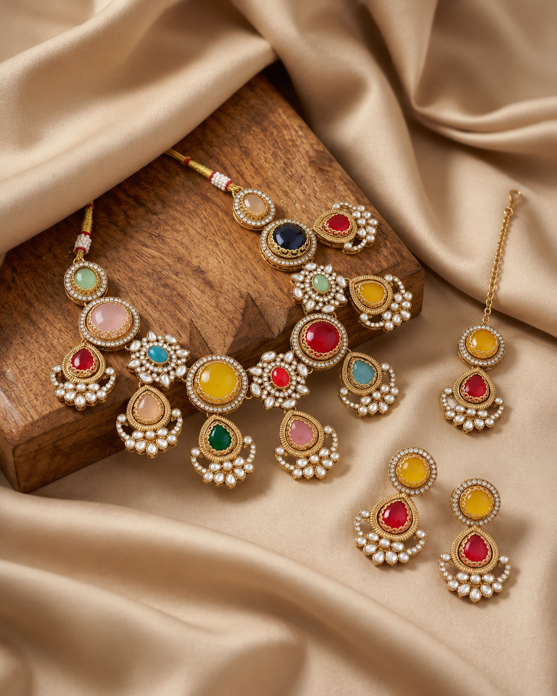 Multi Kuhu Premium Sabya Inspired Necklace Set with Earring & Teeka