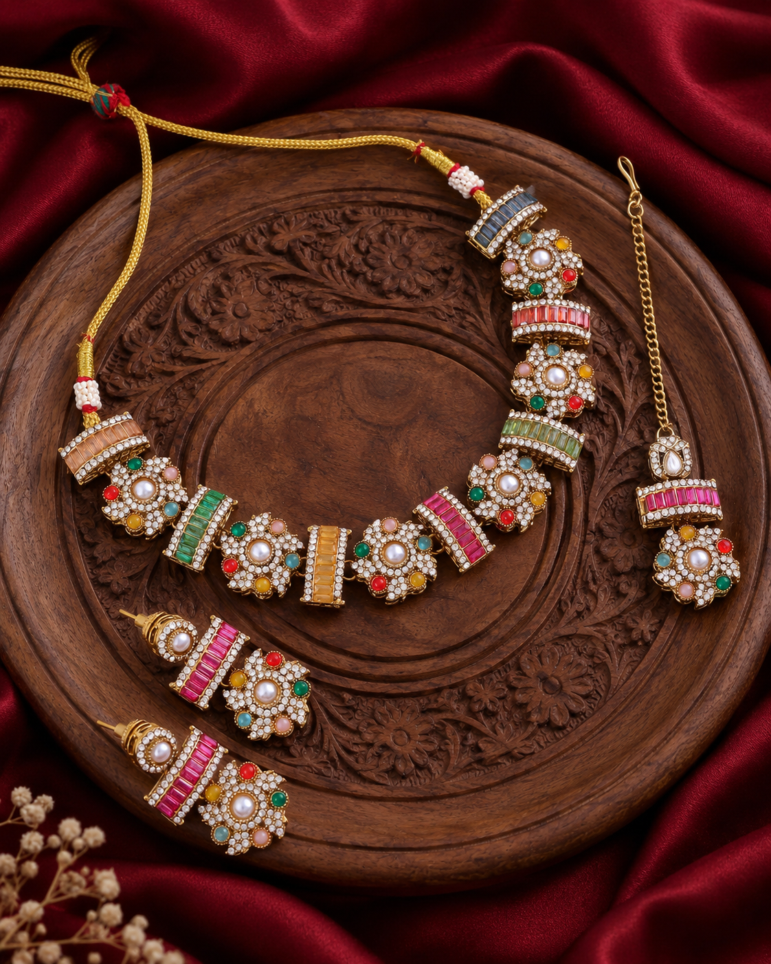 Multi Trayi Premium Sabya Inspired Necklace Set with Earring & Teeka