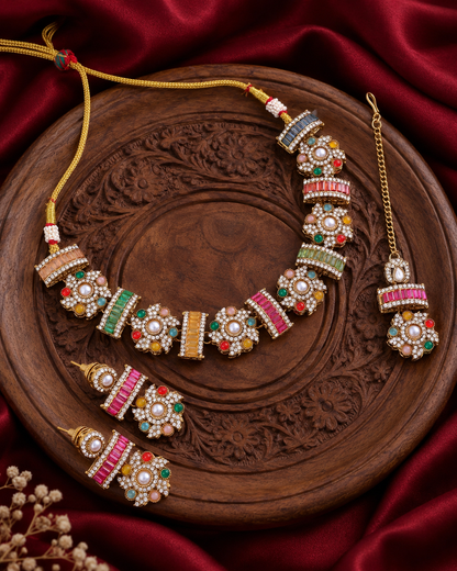 Multi Trayi Premium Sabya Inspired Necklace Set with Earring & Teeka