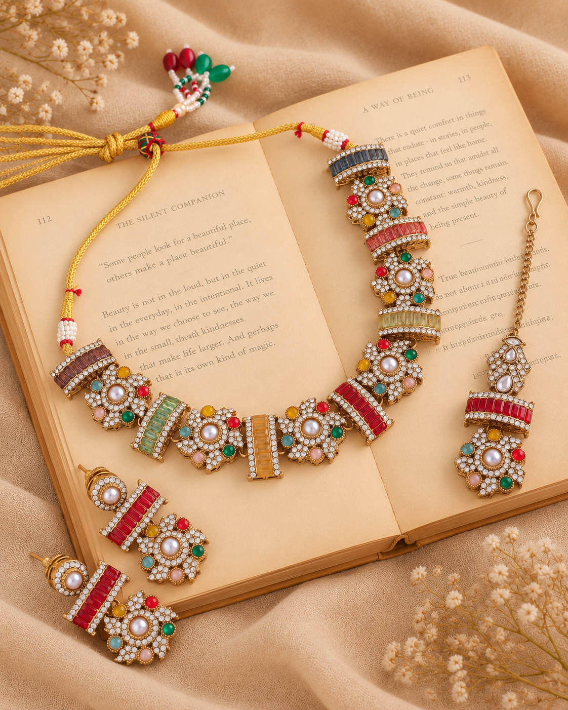 Multi Trayi Premium Sabya Inspired Necklace Set with Earring & Teeka
