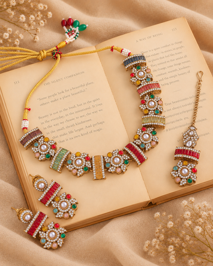 Multi Trayi Premium Sabya Inspired Necklace Set with Earring & Teeka