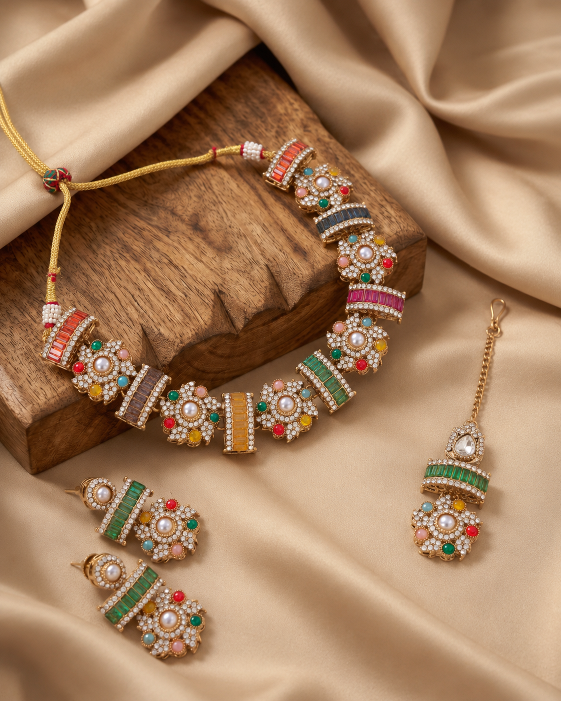 Multi Trayi Premium Sabya Inspired Necklace Set with Earring & Teeka