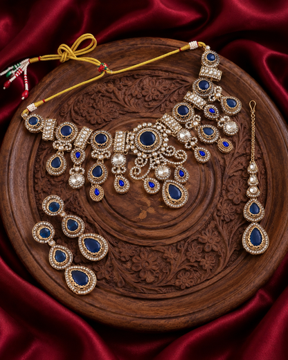 Blue Hemisha Premium Sabya Inspired Necklace Set with Earring & Teeka