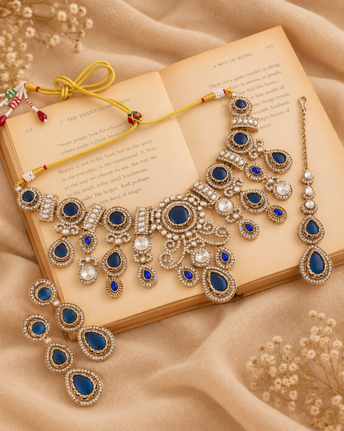 Blue Hemisha Premium Sabya Inspired Necklace Set with Earring & Teeka