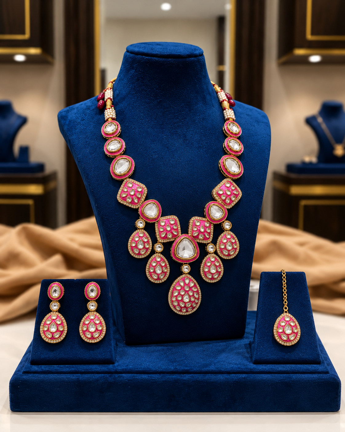 Pink Kuvar Premium Meenakari Dabi Kundan Necklace Set with Earring and Teeka
