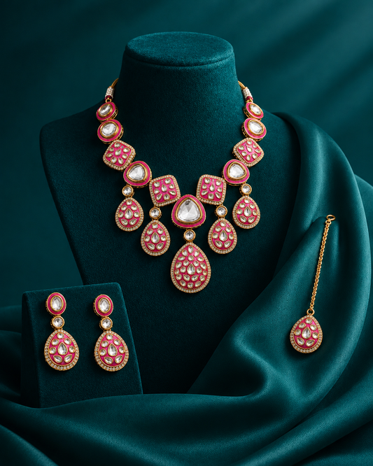 Pink Kuvar Premium Meenakari Dabi Kundan Necklace Set with Earring and Teeka