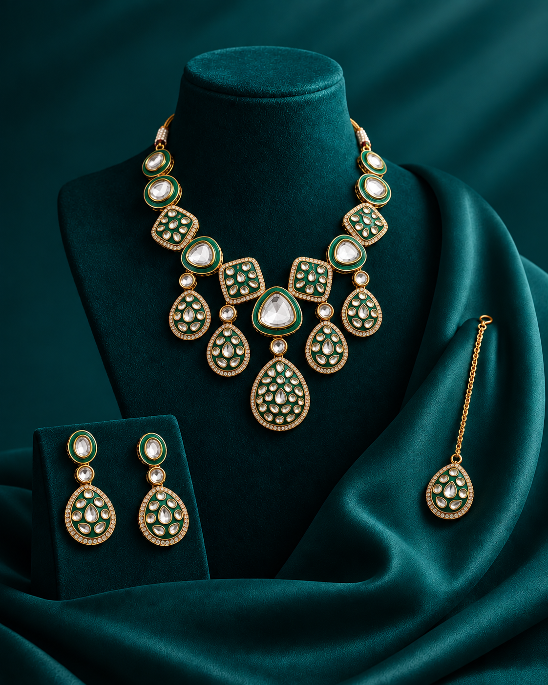 Green Kuvar Premium Meenakari Dabi Kundan Necklace Set with Earring and Teeka