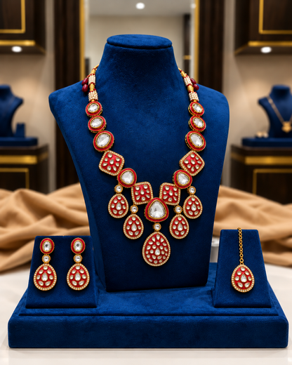 Red Kuvar Premium Meenakari Dabi Kundan Necklace Set with Earring and Teeka