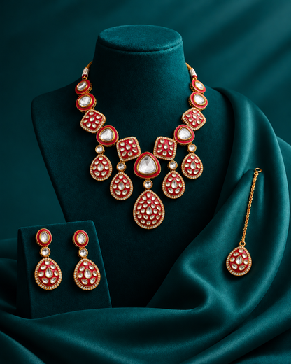 Red Kuvar Premium Meenakari Dabi Kundan Necklace Set with Earring and Teeka