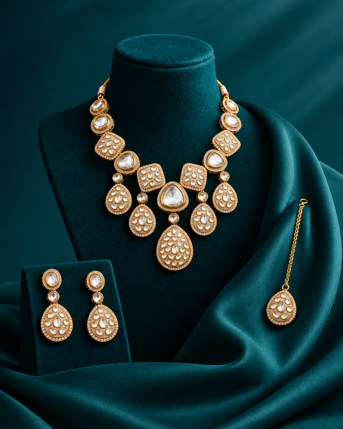 Ivory Kuvar Premium Meenakari Dabi Kundan Necklace Set with Earring and Teeka