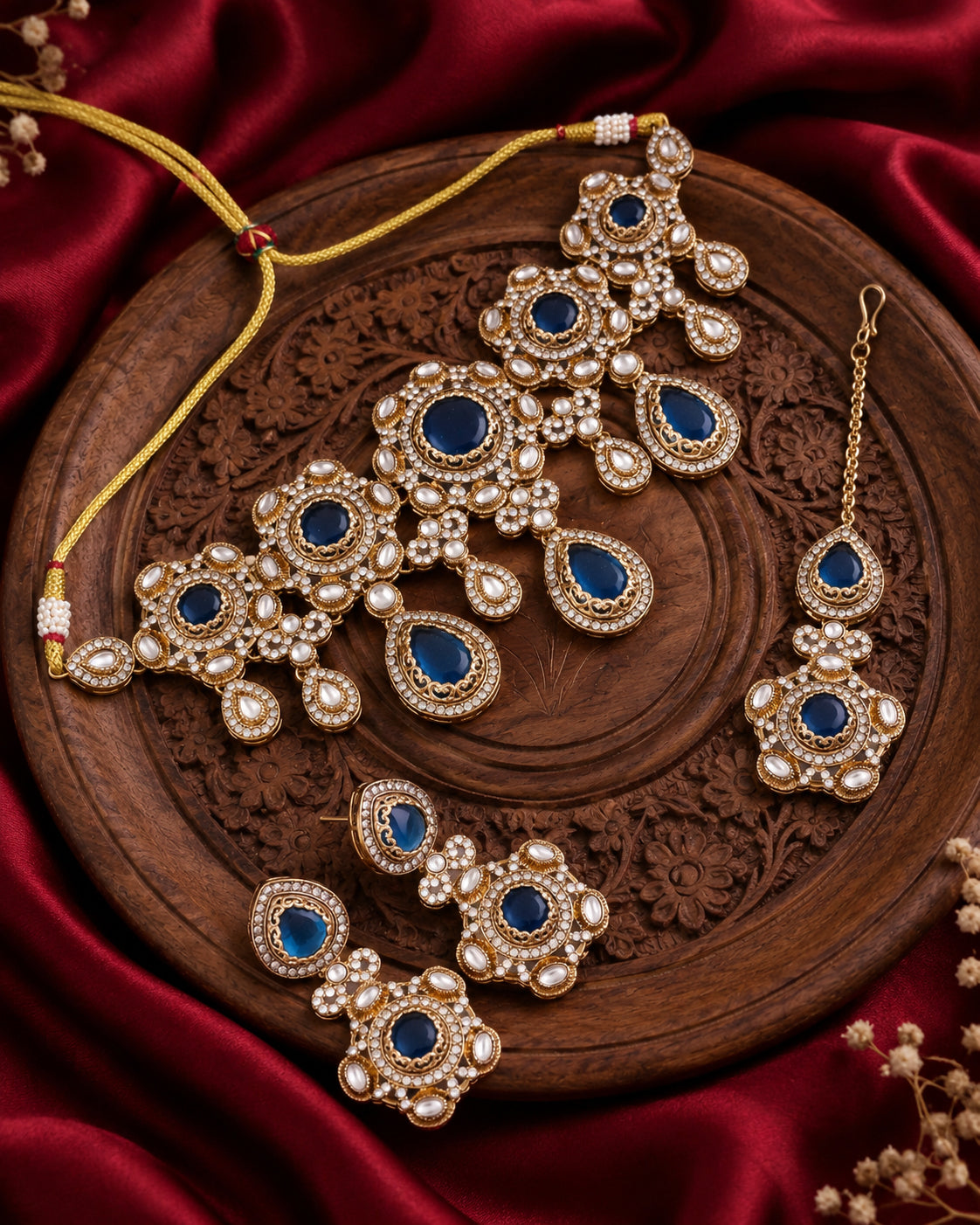 Blue Aarzohi Premium Sabya Inspired Necklace Set with Earring & Teeka