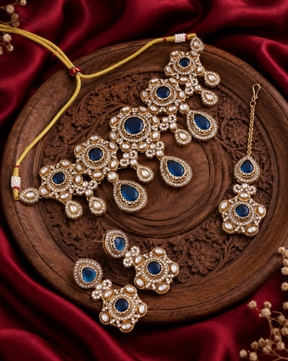 Blue Aarzohi Premium Sabya Inspired Necklace Set with Earring & Teeka