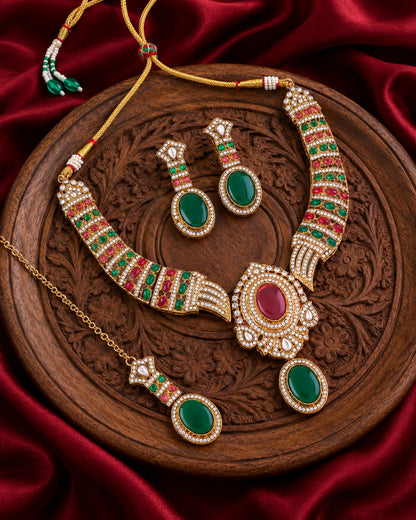 Green Pink Saumili Premium Sabya Inspired Necklace Set with Earring & Teeka