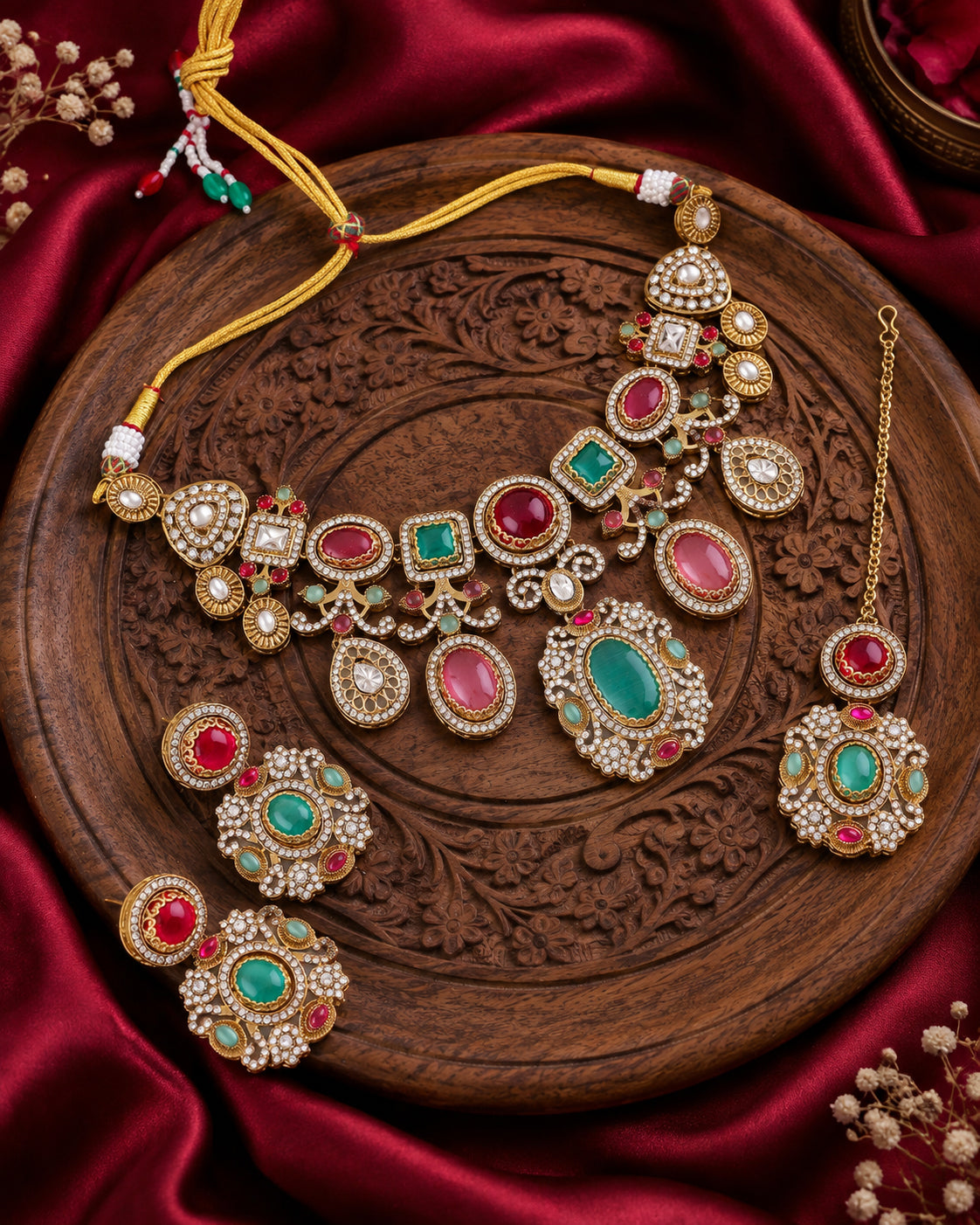 Mint Onion Myraya Premium Sabya Inspired Necklace Set with Earring & Teeka