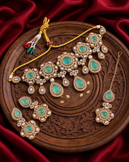 Mint Aarzohi Premium Sabya Inspired Necklace Set with Earring & Teeka