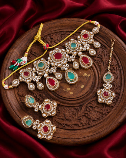 Mint Onion Aarzohi Premium Sabya Inspired Necklace Set with Earring & Teeka