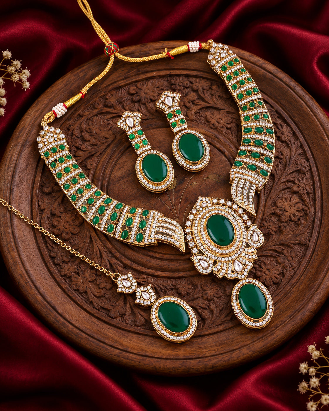 Green Saumili Premium Sabya Inspired Necklace Set with Earring & Teeka