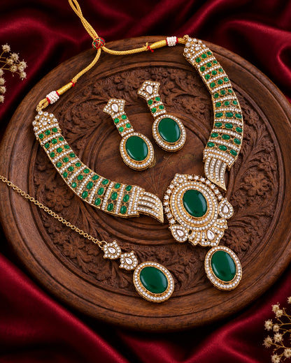 Green Saumili Premium Sabya Inspired Necklace Set with Earring & Teeka