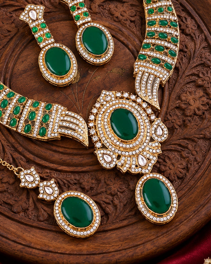 Green Saumili Premium Sabya Inspired Necklace Set with Earring & Teeka