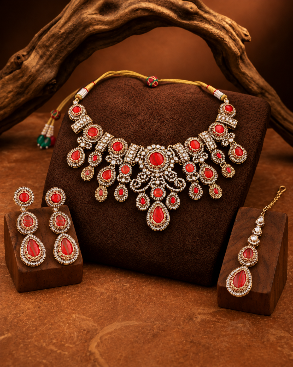Red Hemisha Premium Sabya Inspired Necklace Set with Earring & Teeka