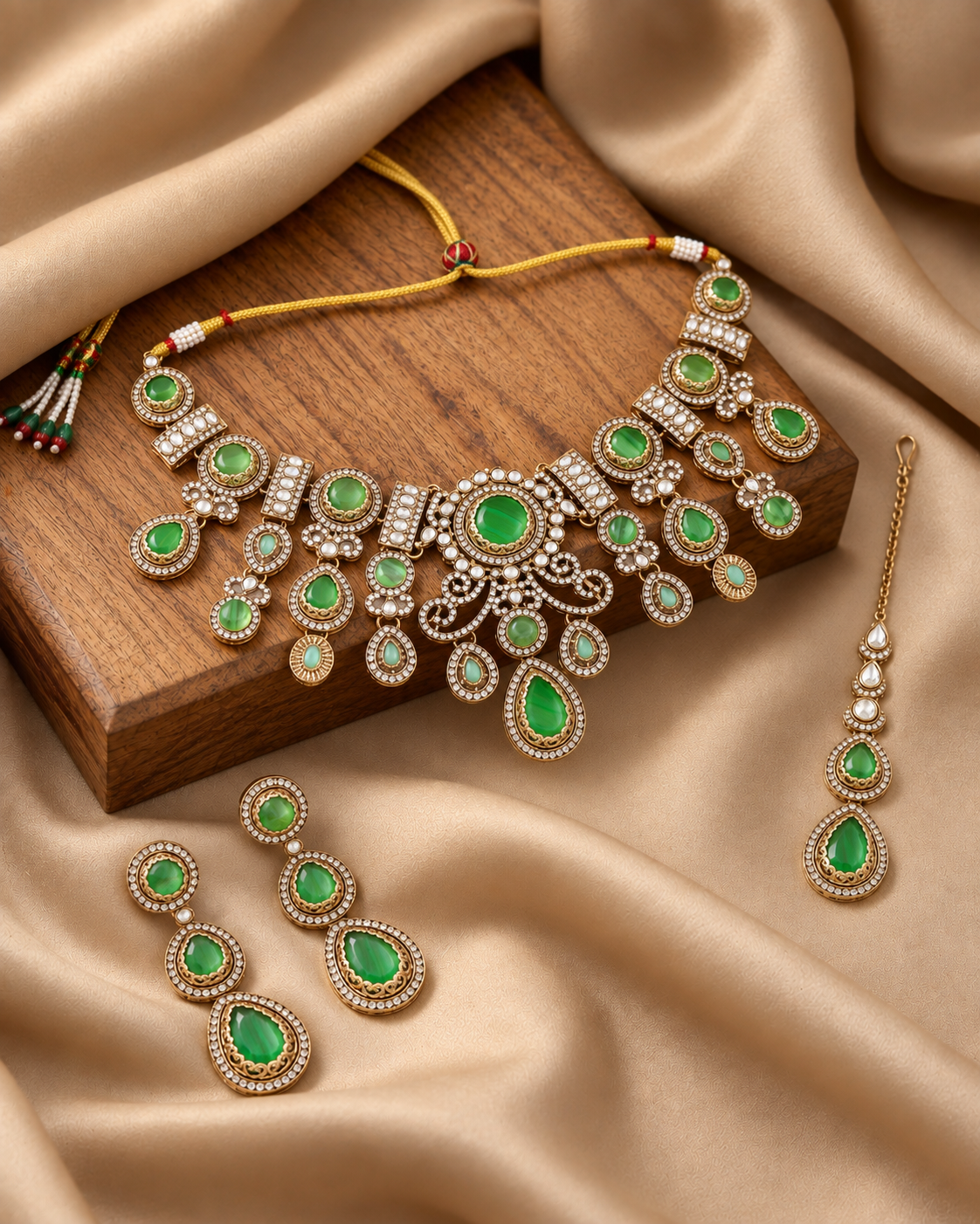 Green Hemisha Premium Sabya Inspired Necklace Set with Earring & Teeka