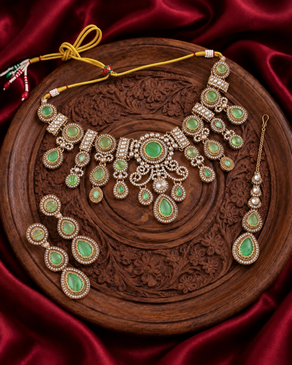Green Hemisha Premium Sabya Inspired Necklace Set with Earring & Teeka